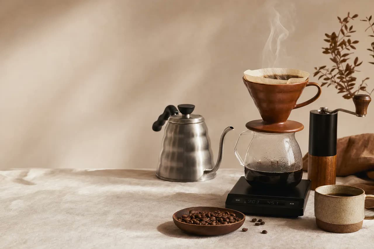 An elevated home coffee brewing setup with kettle, dripper, grinder and scale